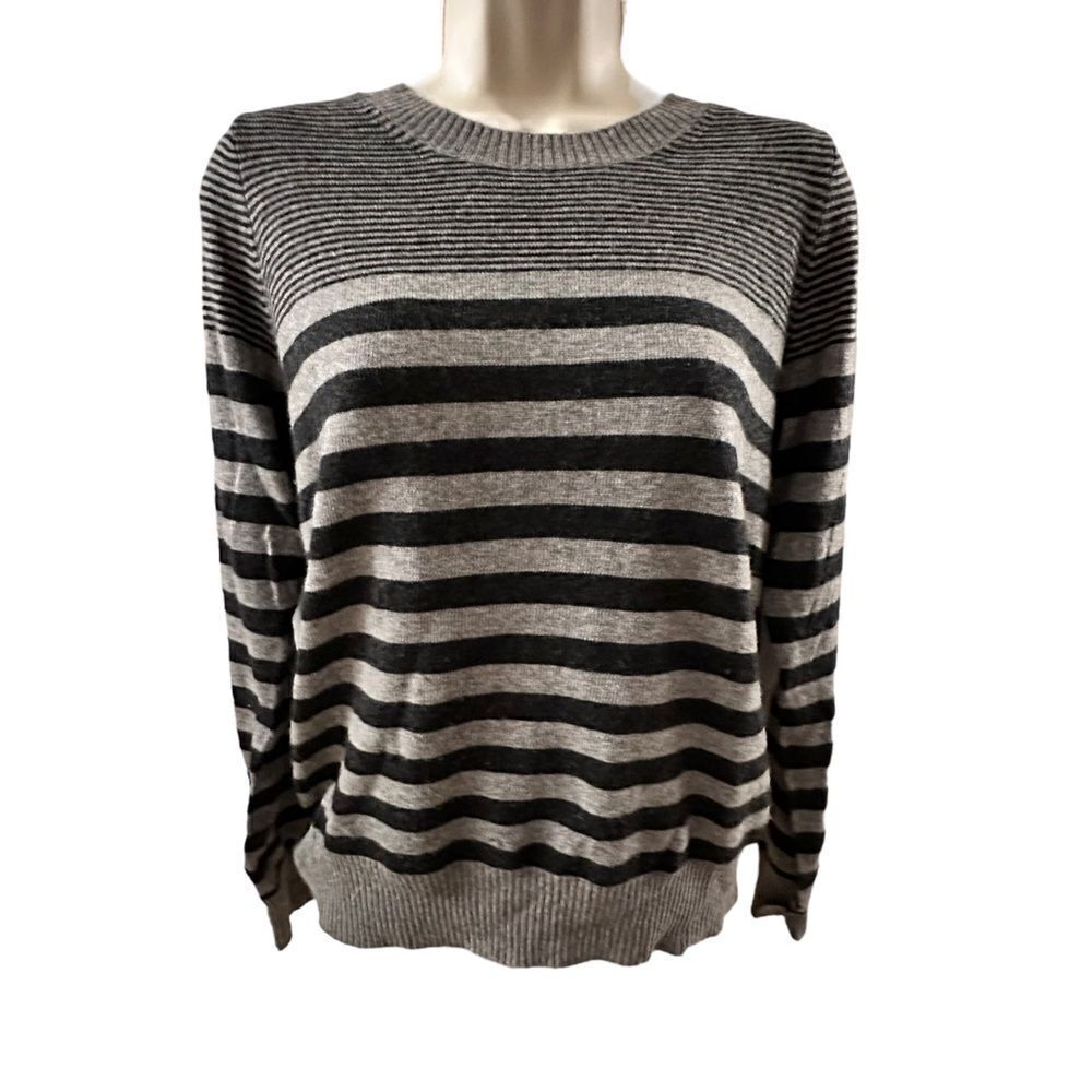 J. Crew ~ Black and grey striped crew neck sweater ~ merino wool blend ~ size M